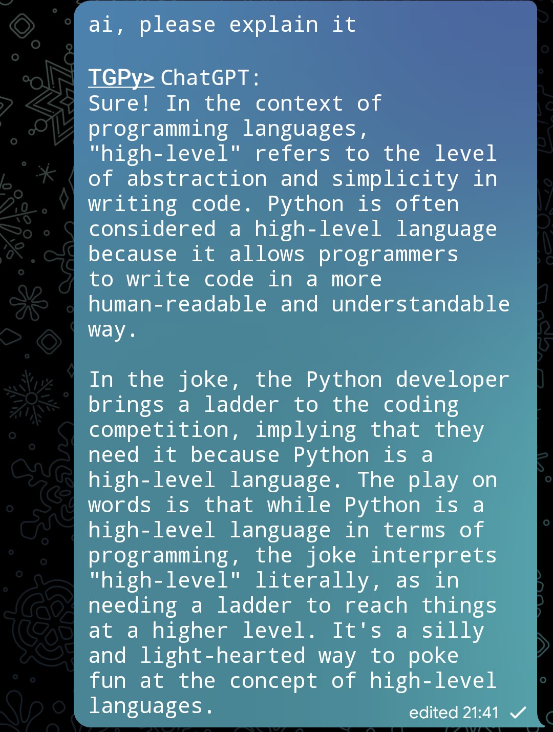 ChatGPT explains its joke in another Telegram message